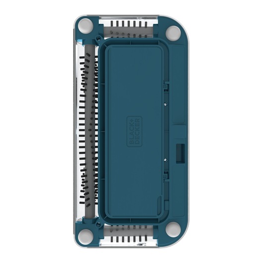 Top view of a BLACK+DECKER rectangular device with a blue casing, featuring four white circular pads at the corners and inner brushes. The brand logo is visible in the center.