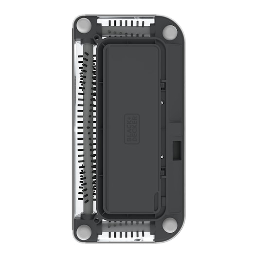 Top view of a BLACK+DECKER PSA215B photography accessory, showing its rectangular shape, dark cover with the brand logo, and visible cylindrical brush rollers at both ends.