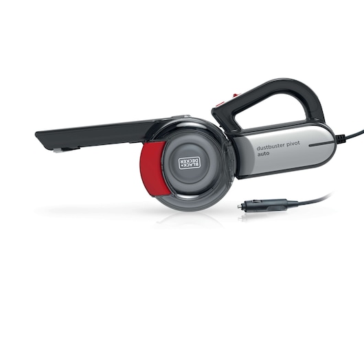 BLACKDECKER PV1200AV car vacuum with pivoting nozzle, side angle, black and silver design.