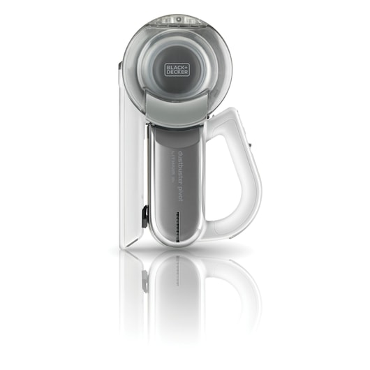 A BLACK+DECKER handheld vacuum cleaner with a pivoting nozzle, shown standing upright on a reflective surface.