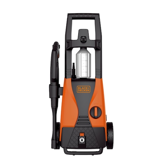 BLACK+DECKER PW1450TDL pressure washer front view, orange and black body, hose and detergent tank visible.