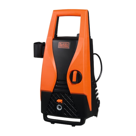 Photo of BLACKDECKER PW1450TD pressure washer, orange and black, front angle on white background.