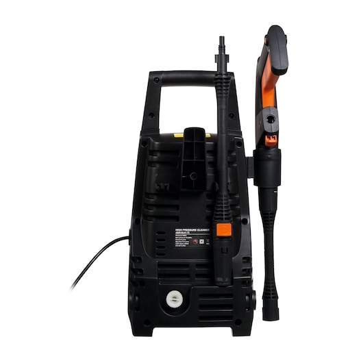 BLACKDECKER PW1450TD high pressure washer, rear view, black and orange design, photo on white background.