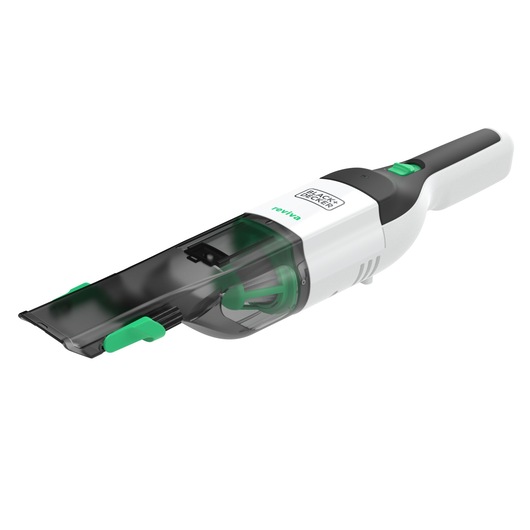 BLACKDECKER REVHV8C handheld vacuum in white and black with green accents, side view.