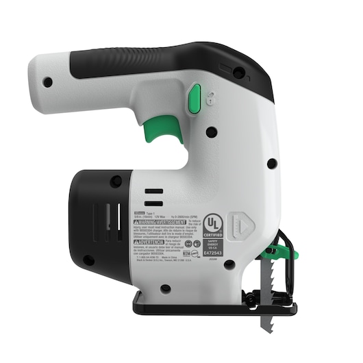 A BLACK+DECKER jigsaw power tool, featuring a white, black, and green color scheme. The tool has a straight ergonomic handle, visible safety and certification labels on the side, and a metal blade at the bottom for cutting. The product SKU is REVJ12C.