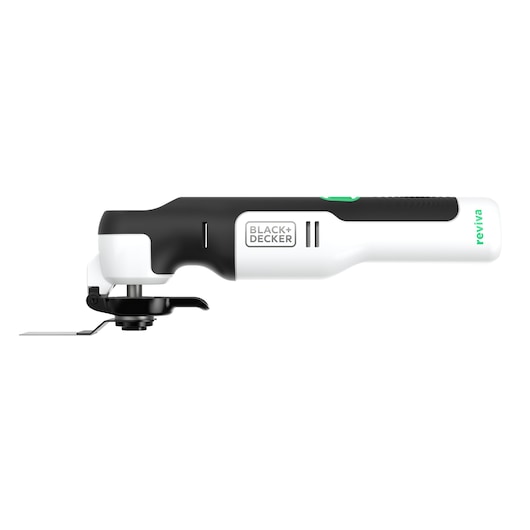 Photo of BLACK+DECKER REVOS12C multifunction oscillating tool, black and white, side angle on white background.