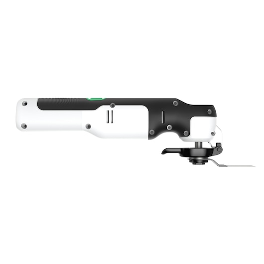 BLACKDECKER REVOS12C oscillating multi-tool side view, black and white body, detachable blade attachment.