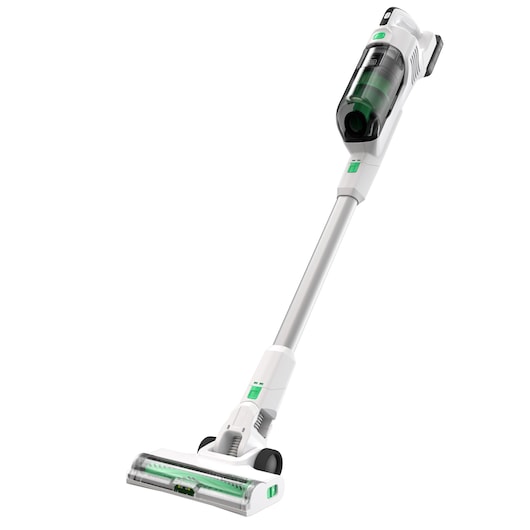 A cordless stick vacuum cleaner in white and green colors, shown on a white background. The vacuum has a long handle, a transparent dust container, and a motorized brush head.