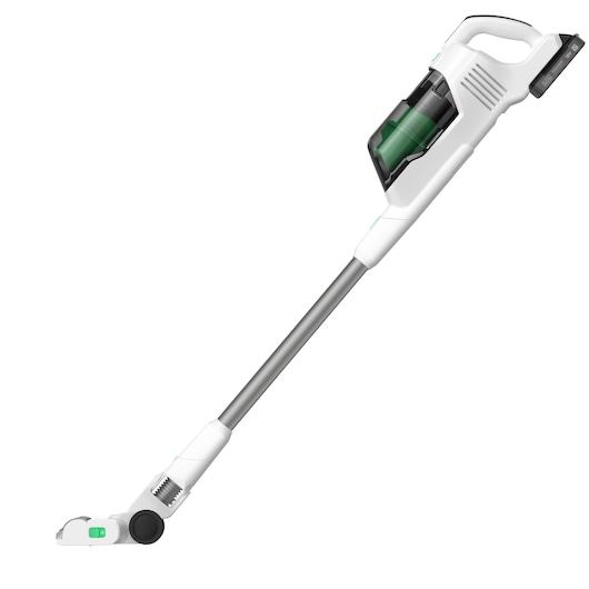 A white and grey cordless stick vacuum cleaner with a transparent dust container and green accents, shown on a white background.