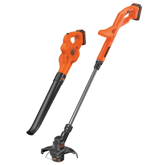 Two orange and black cordless garden tools are shown against a white background. The left tool is a leaf blower, and the right tool is a grass trimmer. Both have ergonomic handles and detachable batteries.