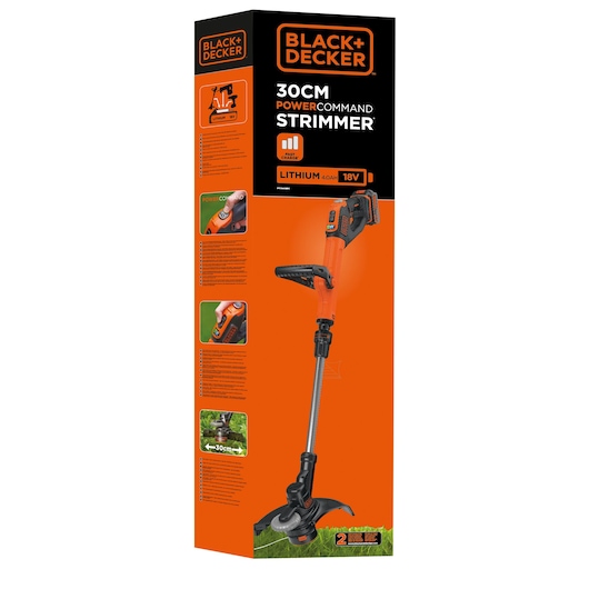 Photo of BLACK+DECKER STC1840EPC 30cm cordless strimmer retail box, orange and black packaging, front angle.