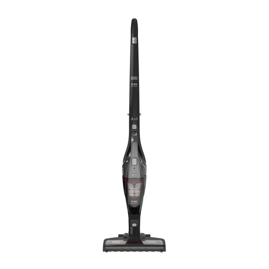 A BLACK+DECKER 2-in-1 cordless stick vacuum cleaner, model SVB620JW, shown upright on a white background. The vacuum is black and gray with red accents and features a detachable handheld unit.