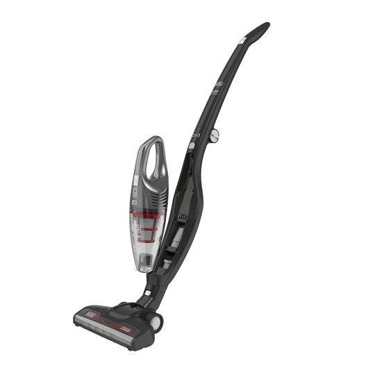 A BLACK+DECKER cordless 2-in-1 upright and handheld vacuum cleaner in black and grey, featuring a slim design and transparent dust container.