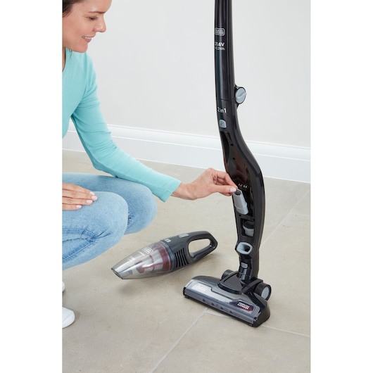 BLACKDECKER SVB620JW 2-in-1 stick vacuum with detachable handheld unit shown on tile floor, side angle.