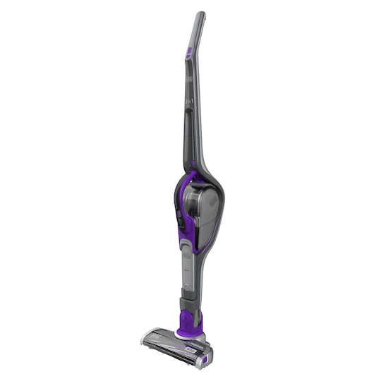 A BLACK+DECKER upright cordless vacuum cleaner in gray and purple colors, featuring a 2-in-1 design with a detachable hand vacuum.