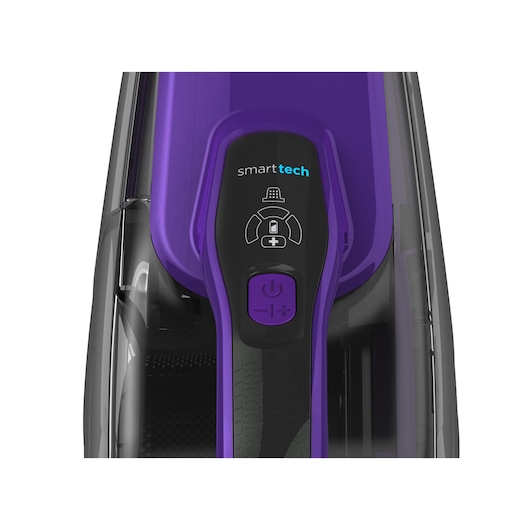 Close-up view of the control panel and handle of a BLACK+DECKER cordless vacuum cleaner with smart tech features, shown in purple and black.