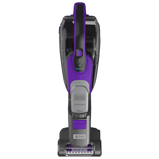 Front view of a BLACK+DECKER cordless stick vacuum cleaner with a purple and grey design, labeled for pet use.