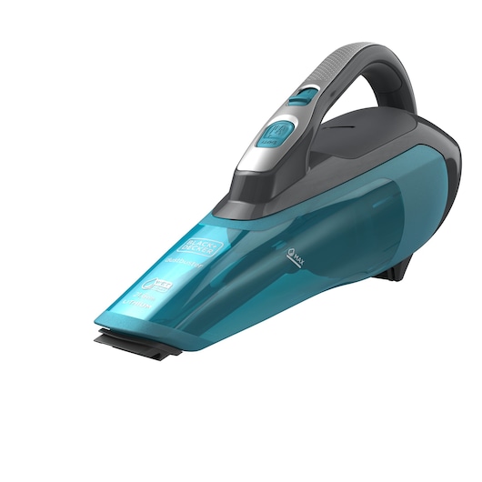A BLACK+DECKER dustbuster handheld vacuum cleaner, model WDA320J, in a teal and black color. The device features a sleek ergonomic handle and is designed for both wet and dry cleaning with lithium battery power.