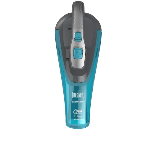 Front view of a BLACK+DECKER Dustbuster handheld vacuum cleaner in blue and grey, featuring a lithium battery and wet/dry cleaning capability.