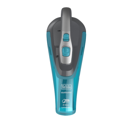 A BLACK+DECKER dustbuster handheld vacuum cleaner, model WDA320J, featuring a blue and grey design, lithium technology, and wet/dry cleaning capability. The vacuum is shown from the top view with brand and specifications visible.